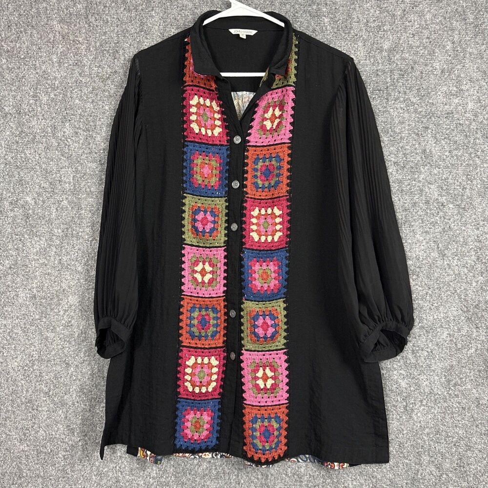 John Mark Top Blouse  Womens Size M Black Crochet Button Front Tunic Artsy
